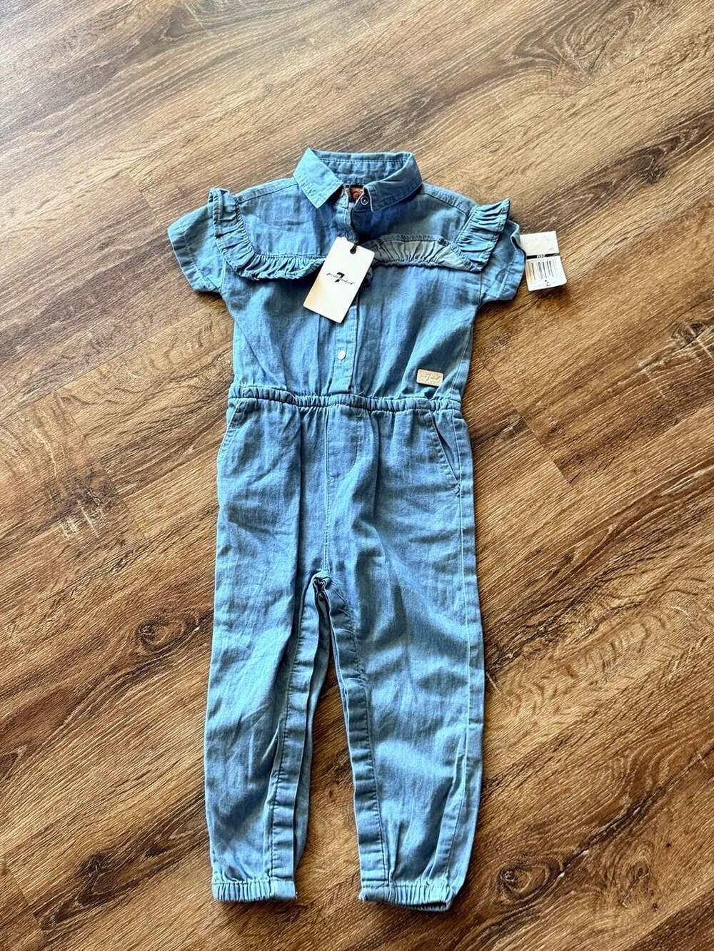 7 For All Mankind Denim Jumpsuit Size 24M Blue Ruffle Trim Chambray